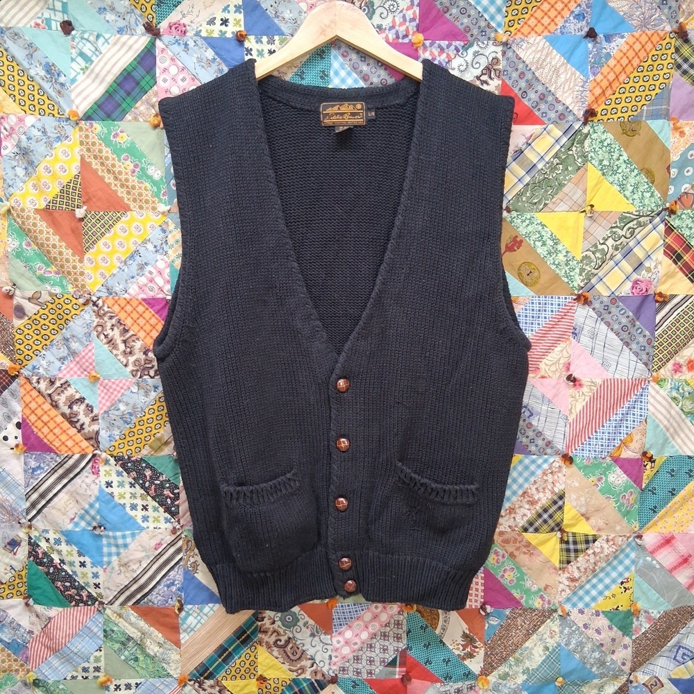 90s Eddie Bauer Cotton V Neck Dark Navy Blue Cardigan Sweater Vest Grandpacore